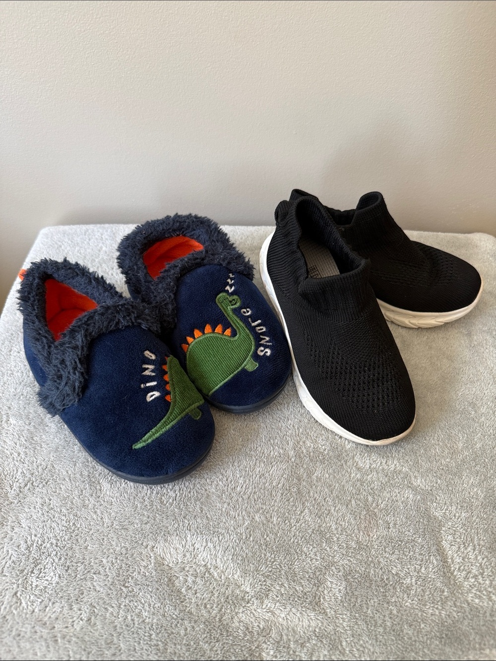 Kids Navy Dino Fleece Slippers & Slip-On Sneakers